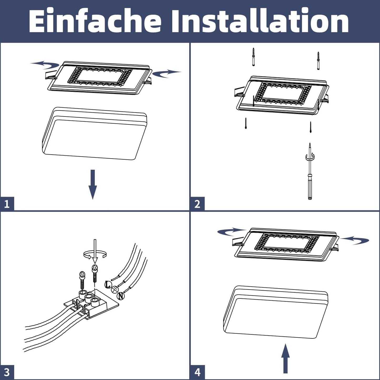 TEKHOME Plafoniera LED da Soffitto 48W Dimmerabile, Forma Quadrata, 3 Colori Selezionabili 3000K-4000K-6500K, Protezione Sovratensione, per Camera Soggiorno Cucina, Bianca C29