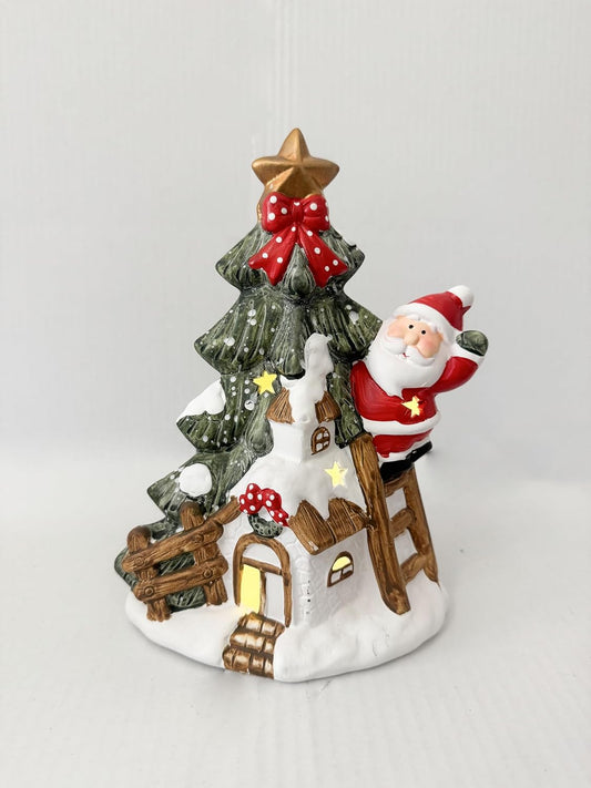 Decorazione Natalizia con Babbo Natale e Albero di Natale, Casetta Luminosa LED, Ornamento da Tavolo per Natale