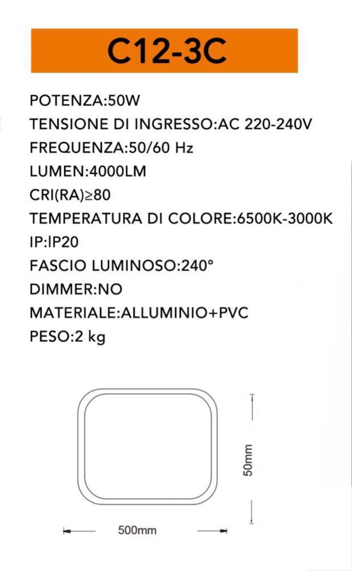 TEKHOME Lampada da soffitto a LED, diametro 50 cm, quadrata, moderna, 3COLORE 4000LM, acrilico, per camera da letto, cucina, sala da pranzo, illuminazione a LED a risparmio C12-3C
