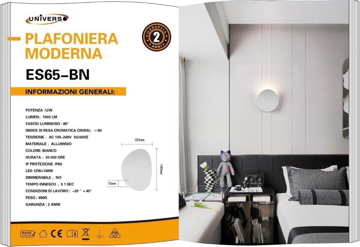Plafoniera LED da Esterno 12W IP65 – Lampada da Parete Rotonda Moderna, Alluminio Bianco, Luce 3000K/4000K/6500K, Ideale per Interni ed Esterni ES65