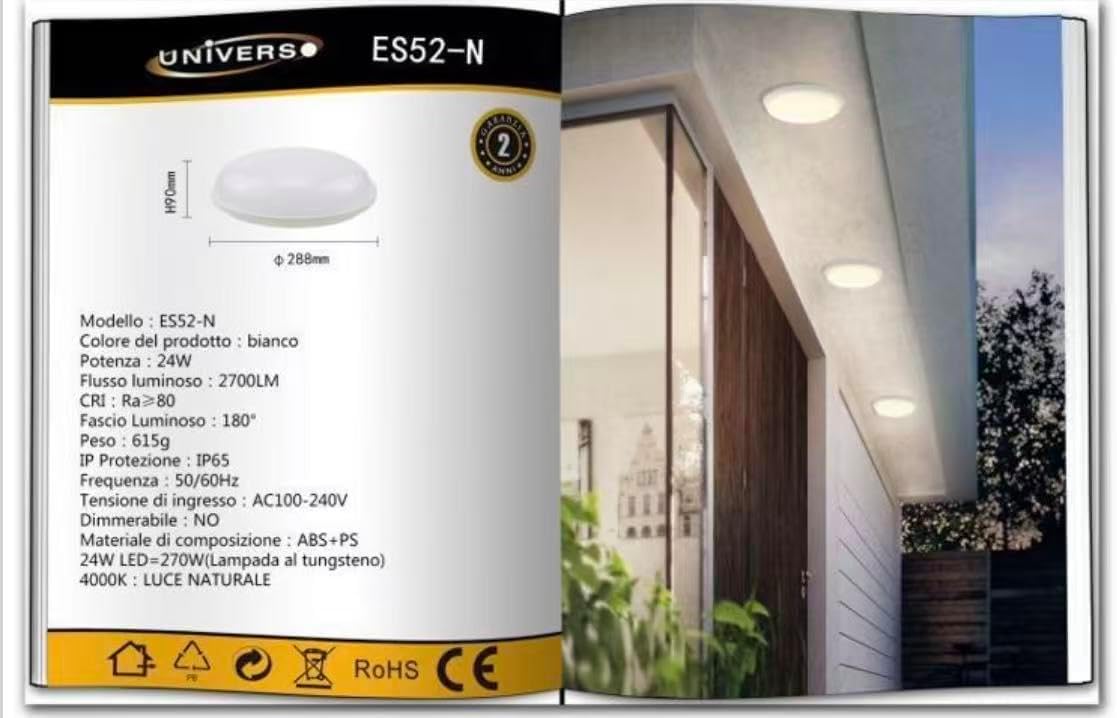 Plafoniera LED da Soffitto Esterno 24W IP65 – Lampada Impermeabile per Balcone, Garage e Corridoio, 2700LM, in ABS+PS, Luce Calda/Naturale/Fredda ES52