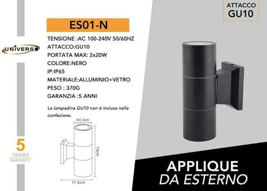 Applique da Esterno 2xGU10 IP55 – Lampada da Parete LED per Esterni a Doppia Luce su e Giù, Design Moderno in Alluminio, Impermeabile, per Facciata, Giardino o Ingresso ES01