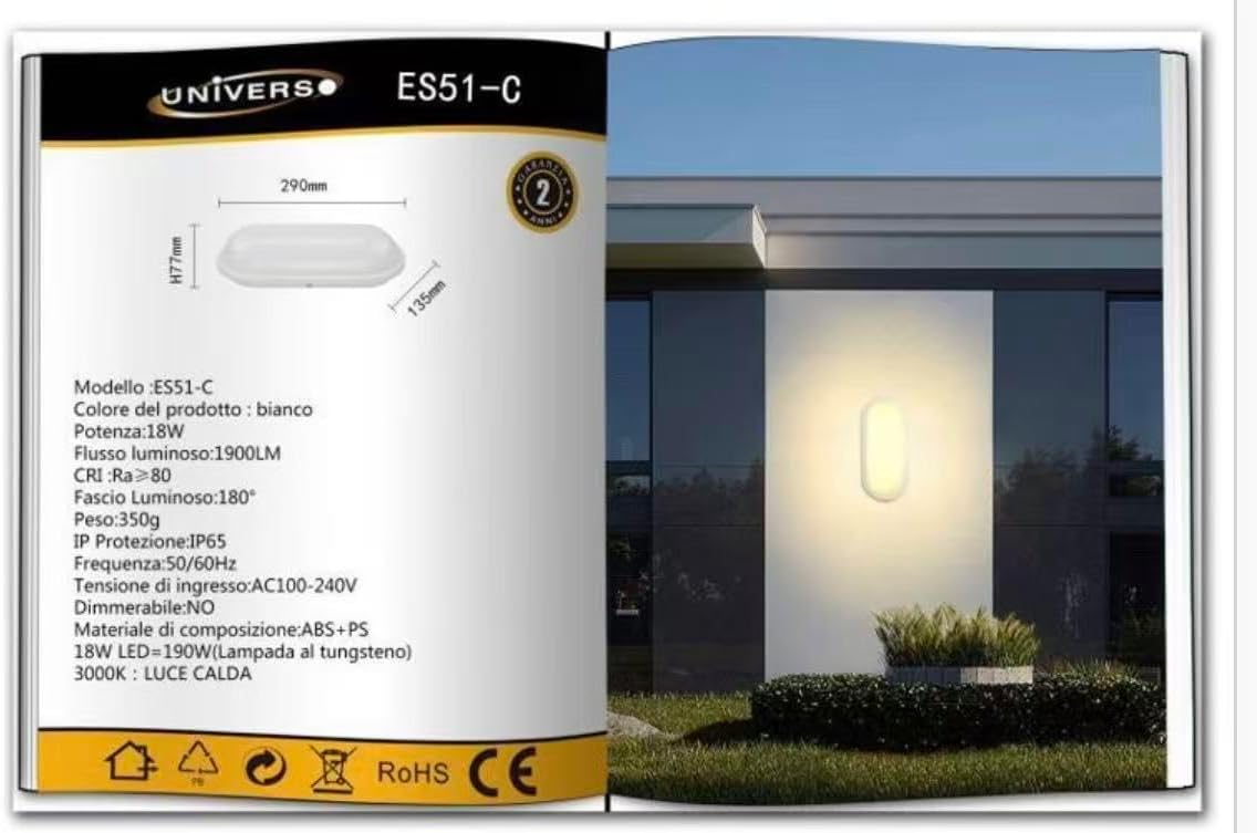 Applique da Esterno LED 18W IP65 – Lampada da Parete Impermeabile 1900LM, Luce Calda/Naturale/Fredda, in ABS+PS, Ideale per Giardino, Balcone e Facciata ES51
