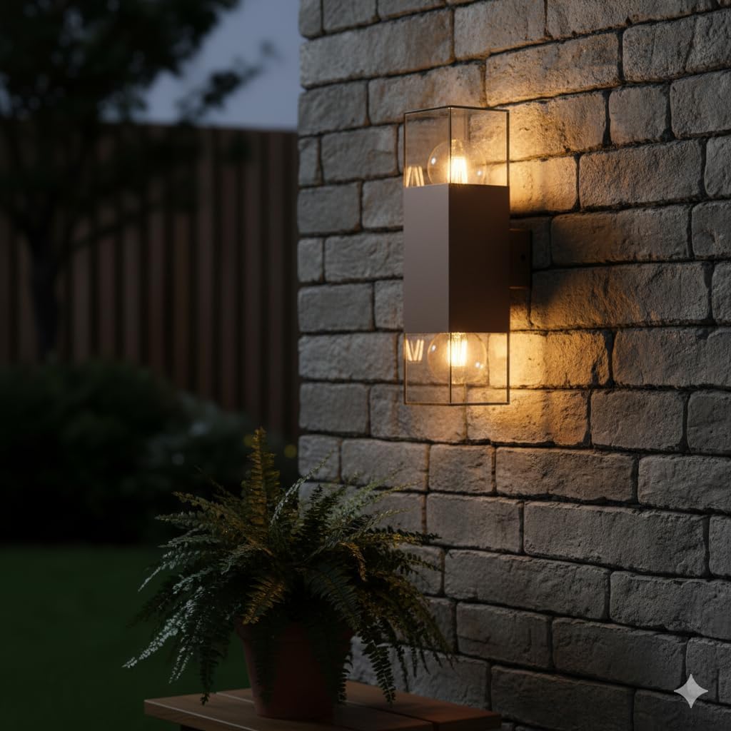 Applique da Esterno IP44 con Attacco E27, Lampada da Parete in Alluminio e Acrilico, 2xE27 12W, Design Moderno Doppia Luce Su e Giù, per Facciata, Giardino e Balcone – Colore Ruggine ESM-01C