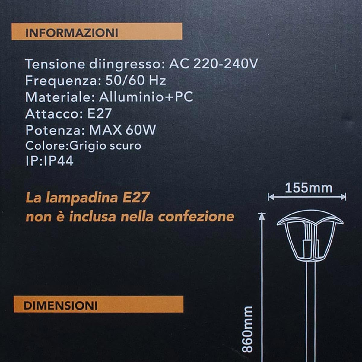 Lampione da Giardino da Esterno IP44, Attacco E27, Palo da 86cm in Alluminio, Bianco/Grigio Scuro 819PB-B860