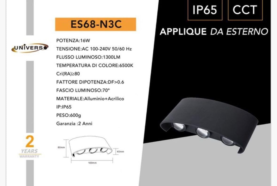 Applique da Esterno LED 16W IP65 – Lampada da Parete Moderna con 3 Colori Selezionabili (3000K/4000K/6500K), Alluminio + Acrilico, Nero/Grigio/Bianco, 1300 Lumen ES68