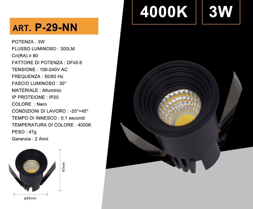 Faretti LED da Incasso 3W, Kit da 5 Pezzi, COB LED 300 lm, Foro Ø35 mm, 3000K/4000K/6500K, Fascio 30°, AC 100-240V, Corpo in Alluminio, Faretto da Soffitto per Casa, Negozi e Uffici,P-29