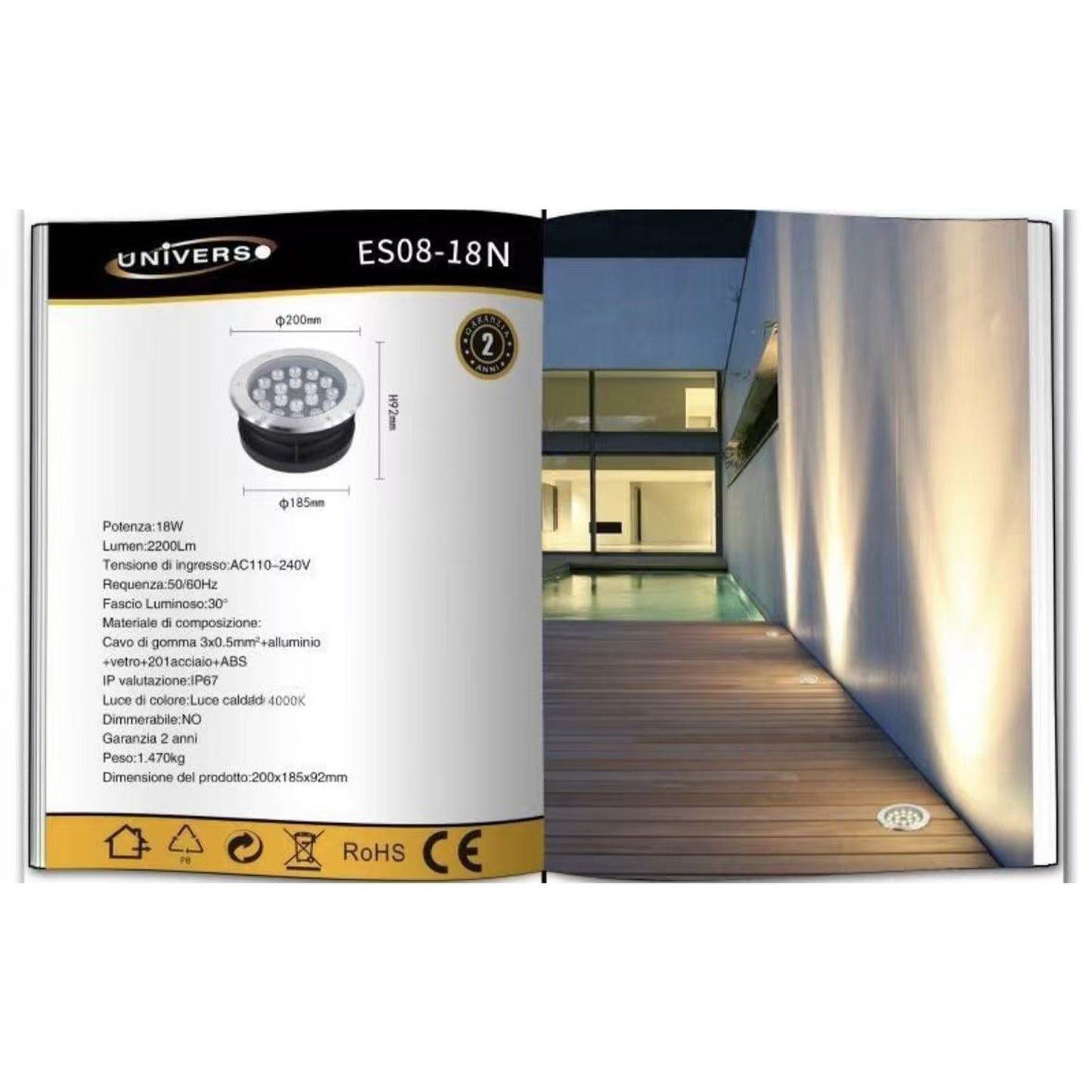 Faretto da Incasso a Terra LED IP67, 3W-18W 3000K/4000K/6500K, Lampada da Terra da Esterno in Alluminio e Vetro Temperato, per Giardino, Vialetto, Piscina, Terrazza ES08