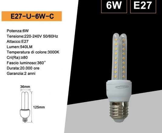 Lampadine LED E27 6W, Confezione da 10 Pezzi, 540LM, 3000K/4000K/6500K, Luce Calda, Naturale e Fredda, Lampadina LED a U, CRI>80, Illuminazione 360°, Risparmio Energetico, Modello E27-U-6W