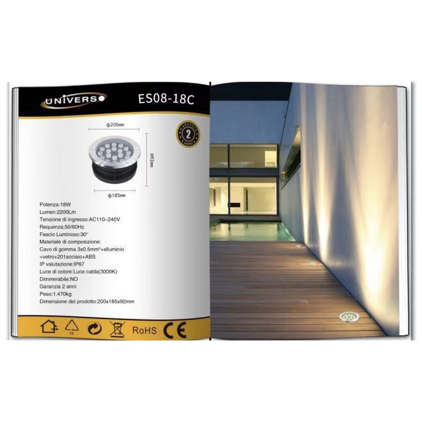 Faretto da Incasso a Terra LED IP67, 3W-18W 3000K/4000K/6500K, Lampada da Terra da Esterno in Alluminio e Vetro Temperato, per Giardino, Vialetto, Piscina, Terrazza ES08
