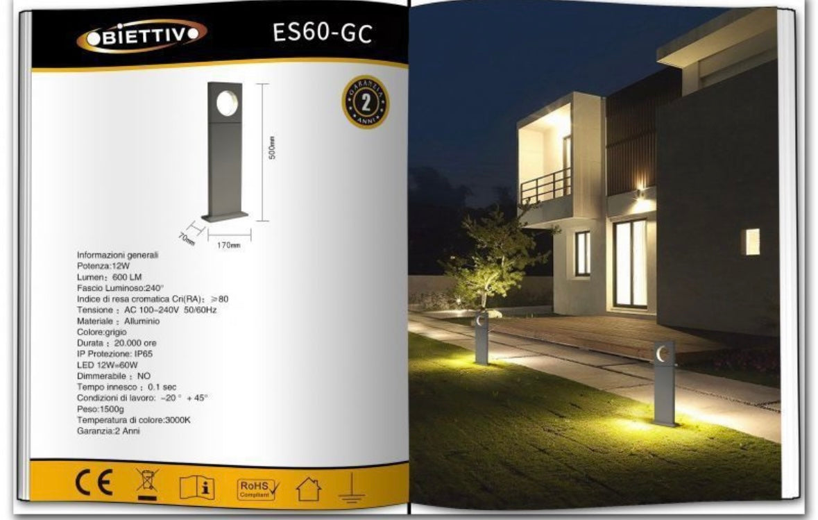 Lampada da Giardino LED 12W IP65 in Alluminio, Paletto da Esterno per Vialetti e Cortili, Luce Bianco Caldo/Naturale/Freddo – ES60