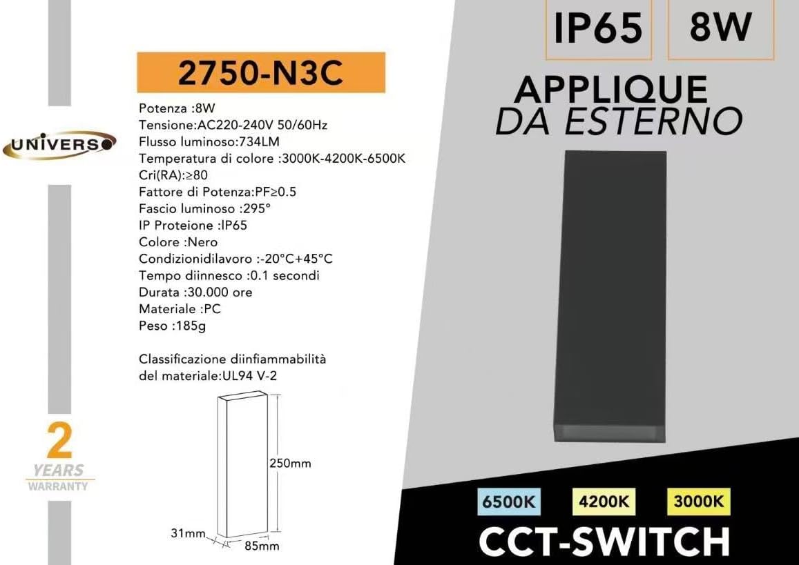 Applique LED da Esterno 8W IP65 CCT 3000K-4200K-6500K, Lampada da Parete Moderna Impermeabile in PC, 734LM, per Facciata, Giardino e Balcone – Bianco/Nero 2750