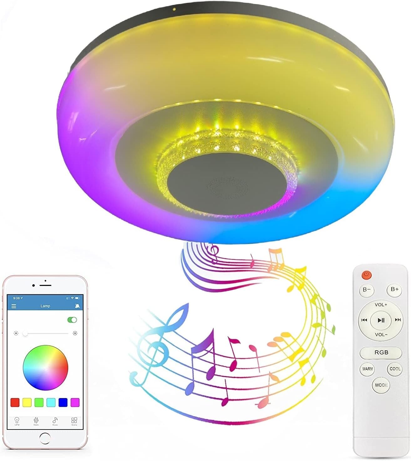 TEKHOME Plafoniera LED Smart, 9W RGB + 9W Bianco (3000K-6500K), Dimmerabile con APP e Telecomando, Contrololo Bluetooth, Luce Colorata per Interni, IP20, Ø485mm, Bianco C44-RGB-O