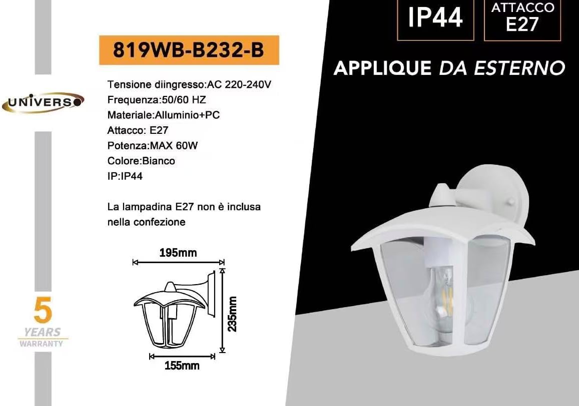 Applique da Esterno E27 IP44, Lampada da Parete Classica, Attacco E27 (Lampadina no), Impermeabile per Facciata, Balcone e Giardino - Bianco/Grigio Scuro B232