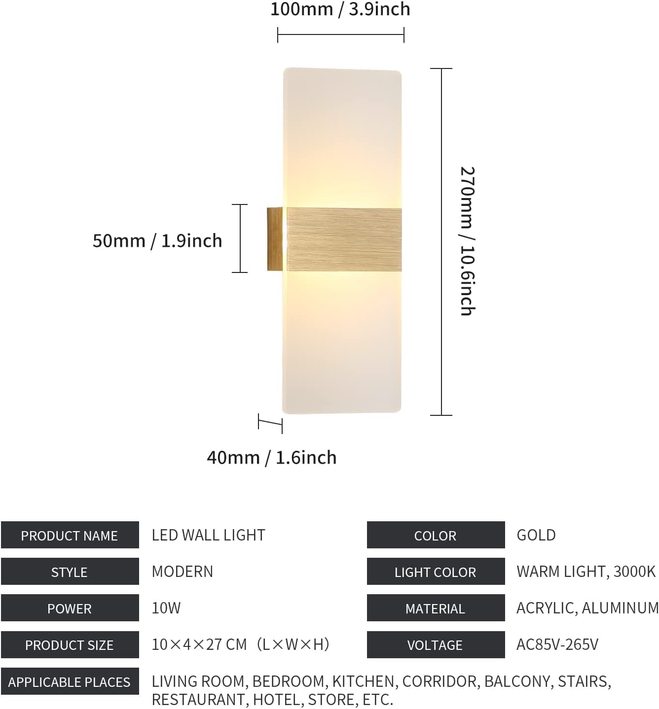 TEKHOME Applique da Muro LED 10W Bianco/Con Finitura in Rame, Rettangolare Moderno, 3000K-6500K, Lampada da Parete Interni, Soggiorno Camera da Letto Corridoio E37
