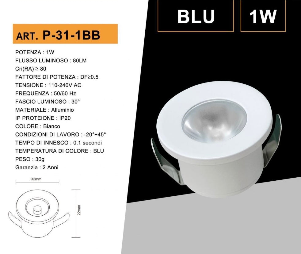 5 Pezzi,Faretti LED da Incasso 1W, Foro Ø32 mm, 80 lm, Luce 3000K/4000K/6500K o Rosso/Verde/Blu, Fascio 30°, AC 110-240V, Corpo in Alluminio, Modello P-31