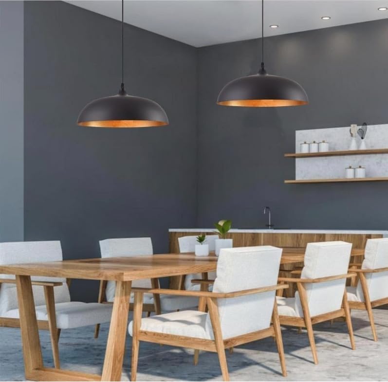 Lampadario a sospensione stile contemporaneo in metallo pendente a cupola attacco E27 luce tavolo cucina di colore nero o bianco Ø35 cm  B90