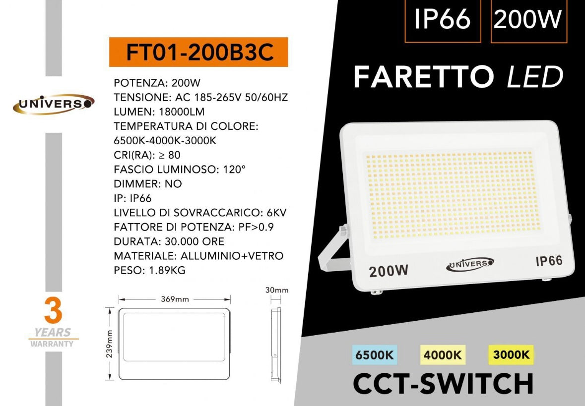 Faro LED Esterno CCT IP66 – 10W/20W/30W/50W/100W/200W – Selettore 3000K-4000K-6500K – Faretto LED da Esterno in Alluminio, Bianco o Grigio FT01