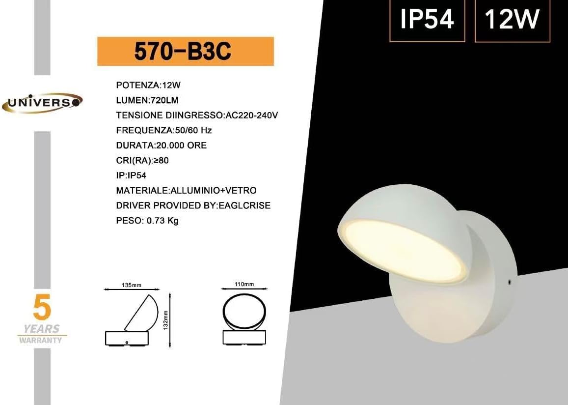 Applique LED da Esterno 12W IP54, Lampada da Parete Moderna Rotonda in Alluminio e Vetro, 720LM, Impermeabile per Facciata, Balcone e Giardino 570