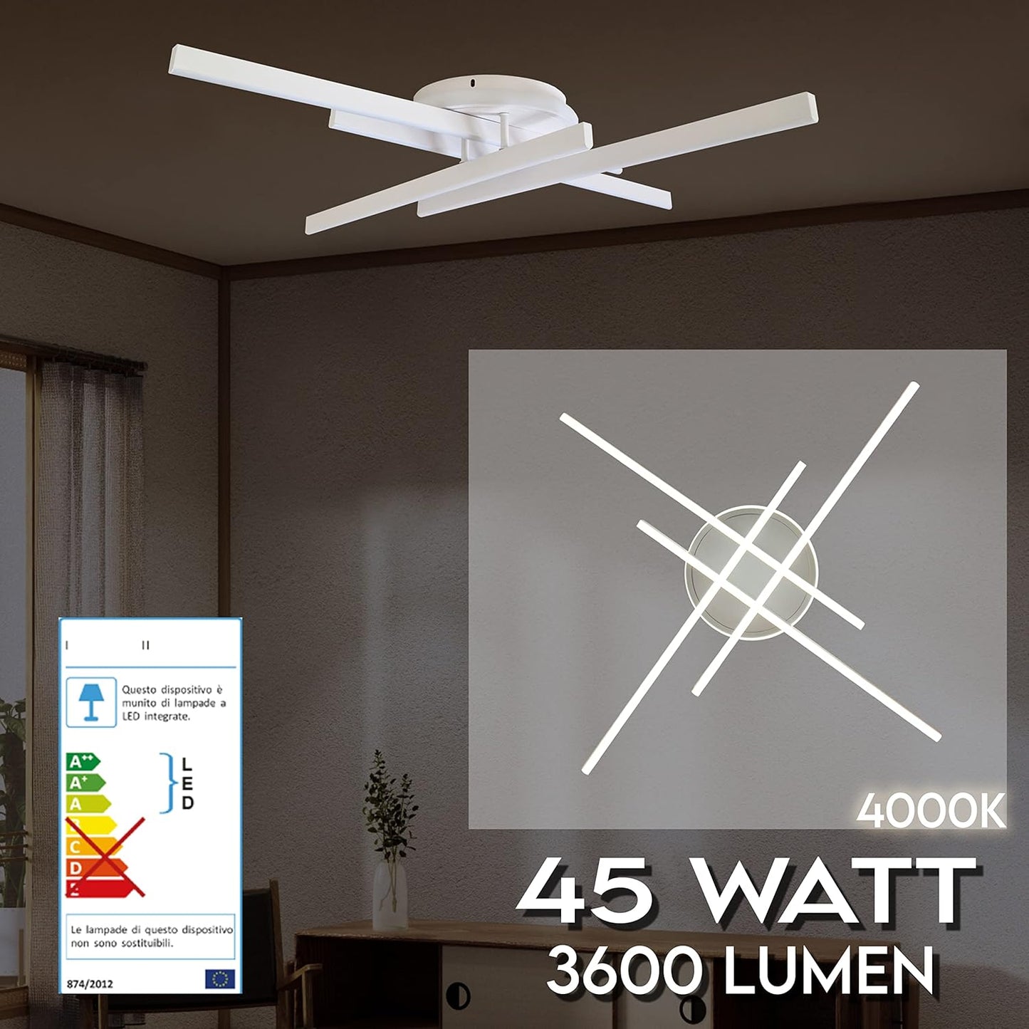 TEKHOME Plafoniera LED Soffitto, 45 watt, 60x60x11 cm, 3 Temperature Colore (3000K, 4000K, 6500K), Alluminio, Installazione Facile, Resistente, Moderna, Camera da Letto PN-21