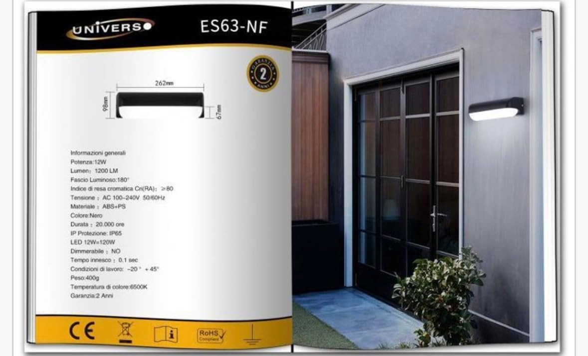 Applique da Esterno LED 12W IP65 – Lampada da Parete Moderna Impermeabile, Luce Diffusa a 180°, Alluminio + ABS, Ideale per Facciata, Balcone e Giardino ES63