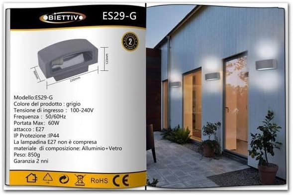 Applique lampada da muro parete in alluminio e vetro per esterno casa locali terrazza IP65 con attacco per lampadine E27 [lampadina esclusa] ES29