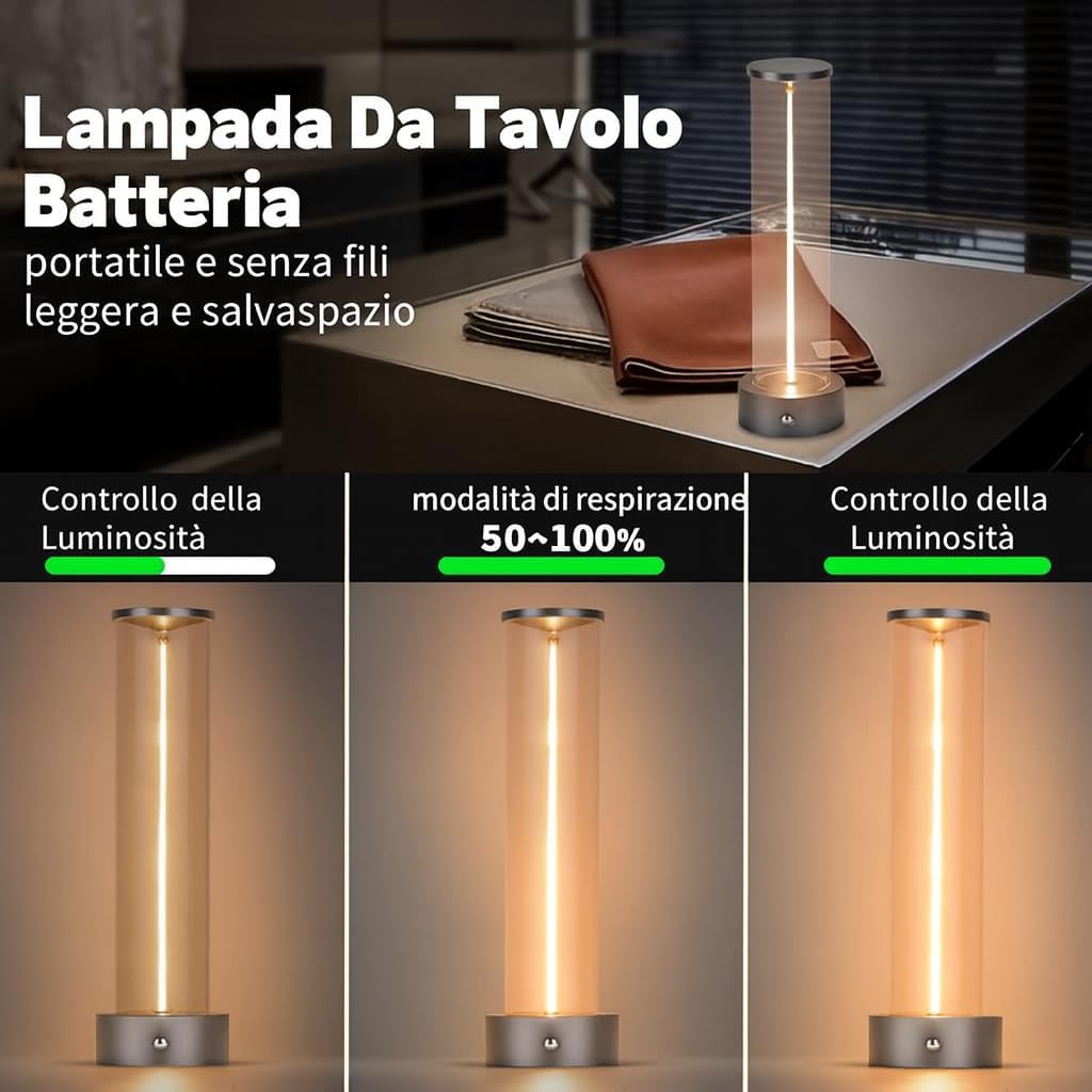 Lampada da Tavolo LED Ricaricabile 3W – Lume Senza Fili 2200K Luce Calda, Touch Control, USB, Design Moderno in Alluminio e Acrilico – Uso Interno D39