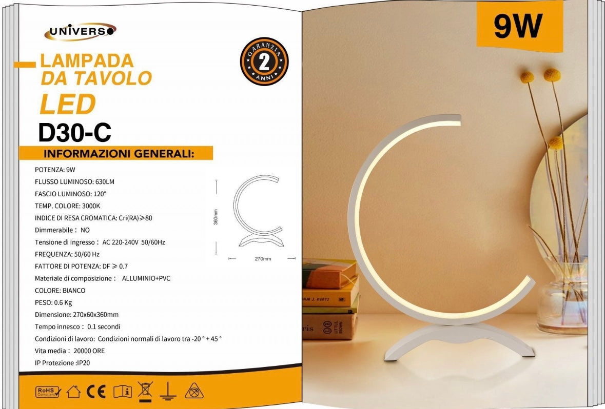 Lampada da Tavolo LED – Design Moderno a Mezzaluna, 9W 630LM, Luce Bianca 3000K/4000K/6500K, Lampada da Comodino e Scrivania, IP20  D30