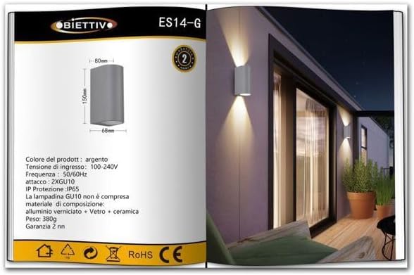 Applique da Esterno 2xGU10 IP65 – Lampada da Parete LED a Doppia Luce su e Giù, Impermeabile, in Alluminio Verniciato, Design Moderno per Facciata, Balcone o Giardino ES14