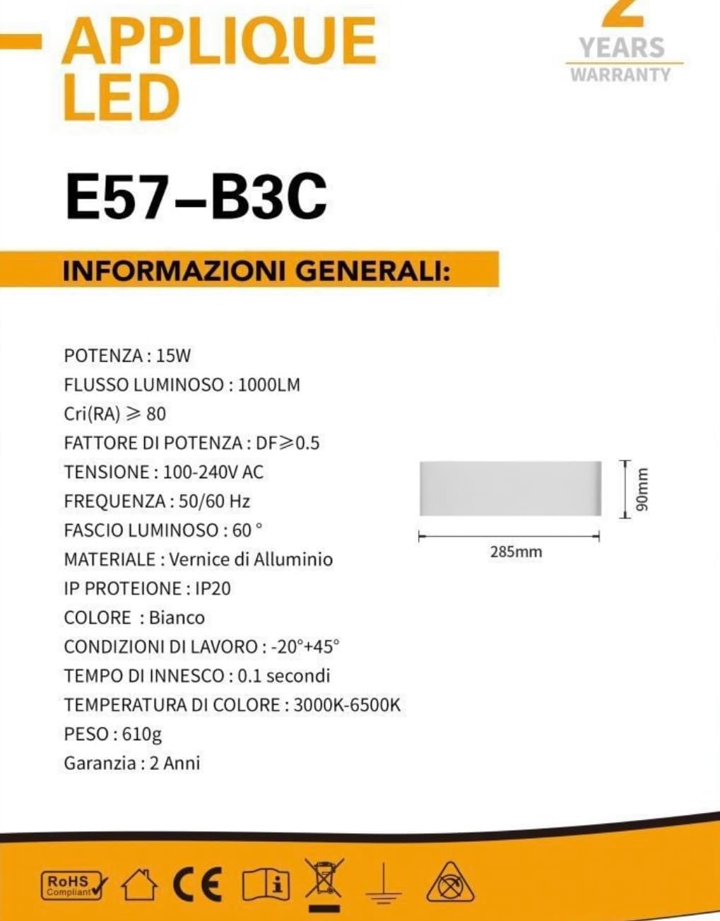 Applique da Muro LED 15W Bianca Rettangolare, Lampada da Parete Moderna in Alluminio Verniciato, 3000K-6500K Regolabile, per Camera da Letto, Soggiorno, Corridoio E57-B3C
