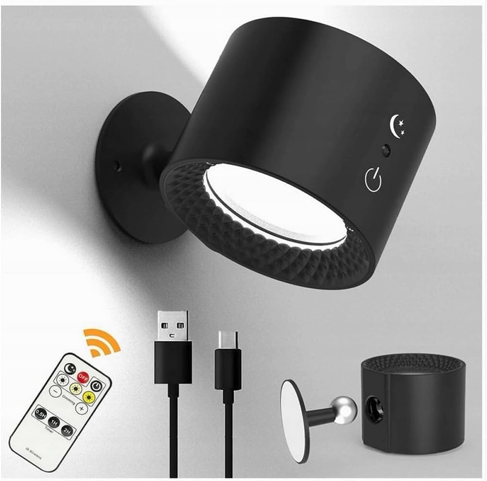 Applique LED da Muro 5W Ricaricabile USB, Lampada da Parete Moderna con 3 Colori (3000K-4500K-6500K), Rotonda in ABS, Bianco/Nero, per Camera da Letto Soggiorno Interni BD01