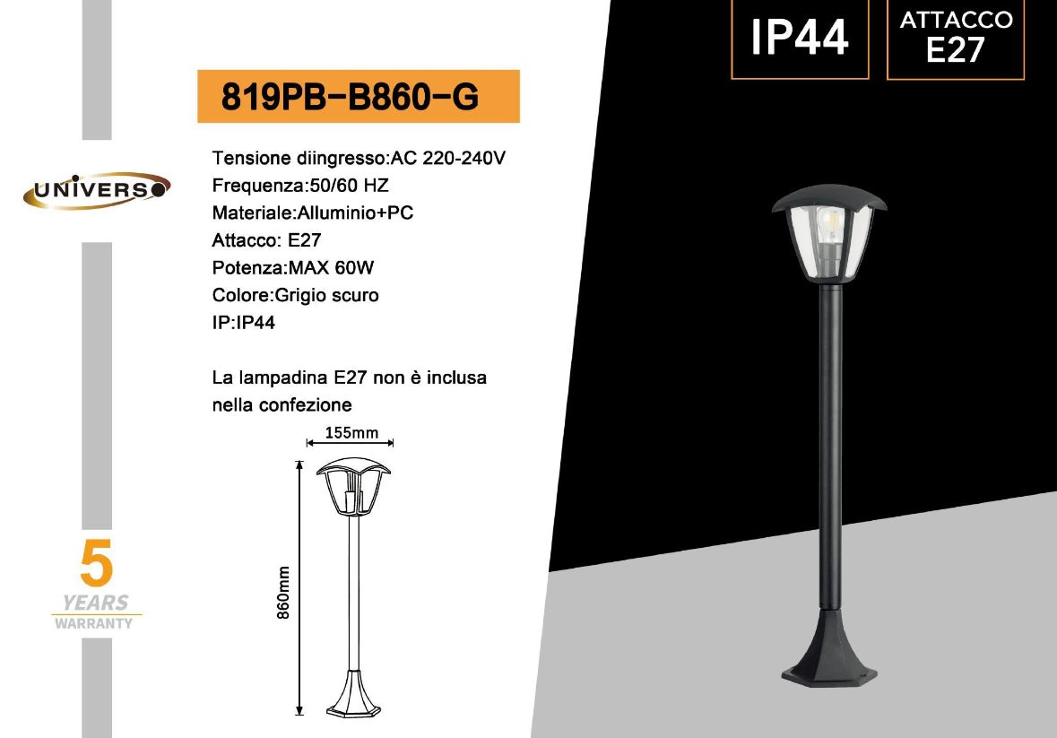 Lampione da Giardino da Esterno IP44, Attacco E27, Palo da 86cm in Alluminio, Bianco/Grigio Scuro 819PB-B860