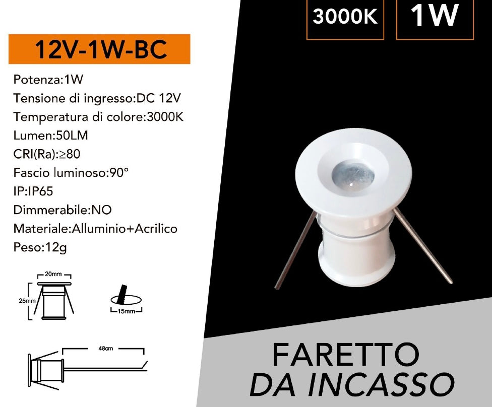 5 Pezzi,Mini Faretto LED da Incasso IP65 DC12V 1W, Luce 3000K / 4000K /6500K / Blu/Rossa/Verde, Foro Ø15 mm, Illuminazione per Scale, Pavimenti, Giardino, Deck e Piscina, 12V-1W