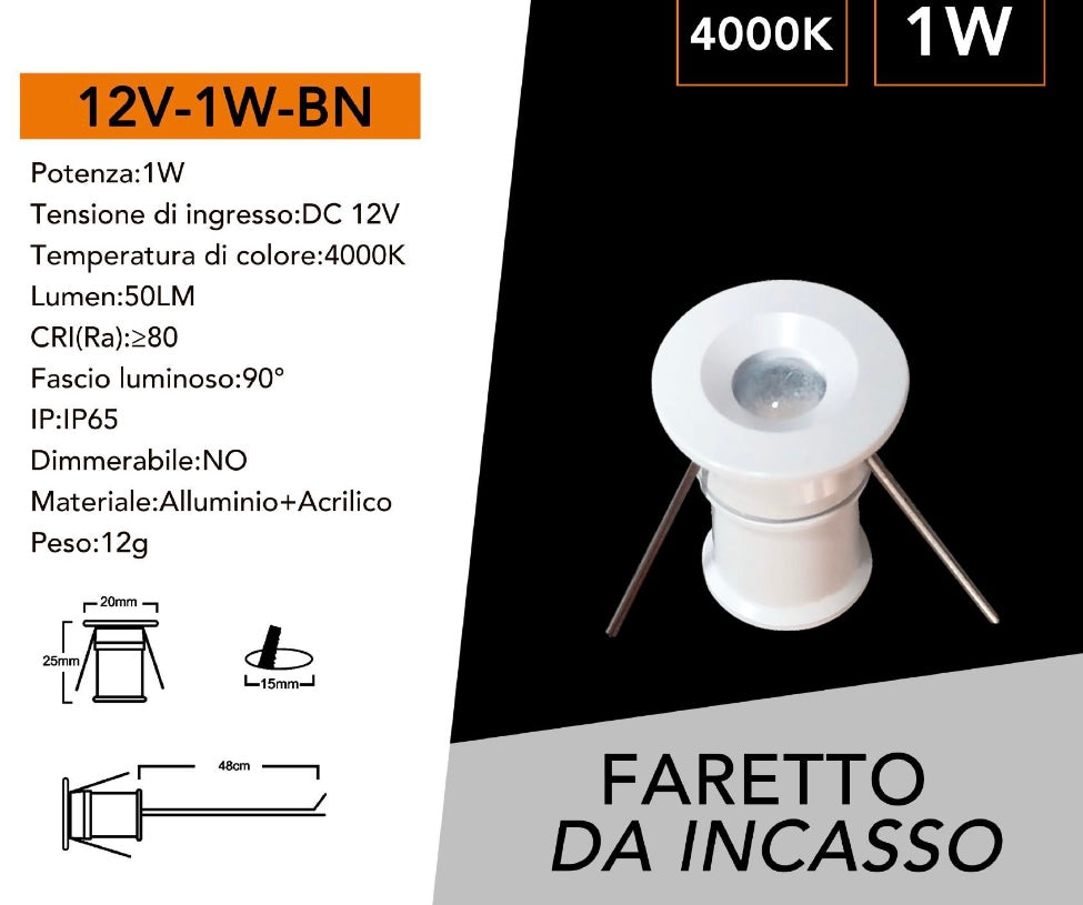 5 Pezzi,Mini Faretto LED da Incasso IP65 DC12V 1W, Luce 3000K / 4000K /6500K / Blu/Rossa/Verde, Foro Ø15 mm, Illuminazione per Scale, Pavimenti, Giardino, Deck e Piscina, 12V-1W