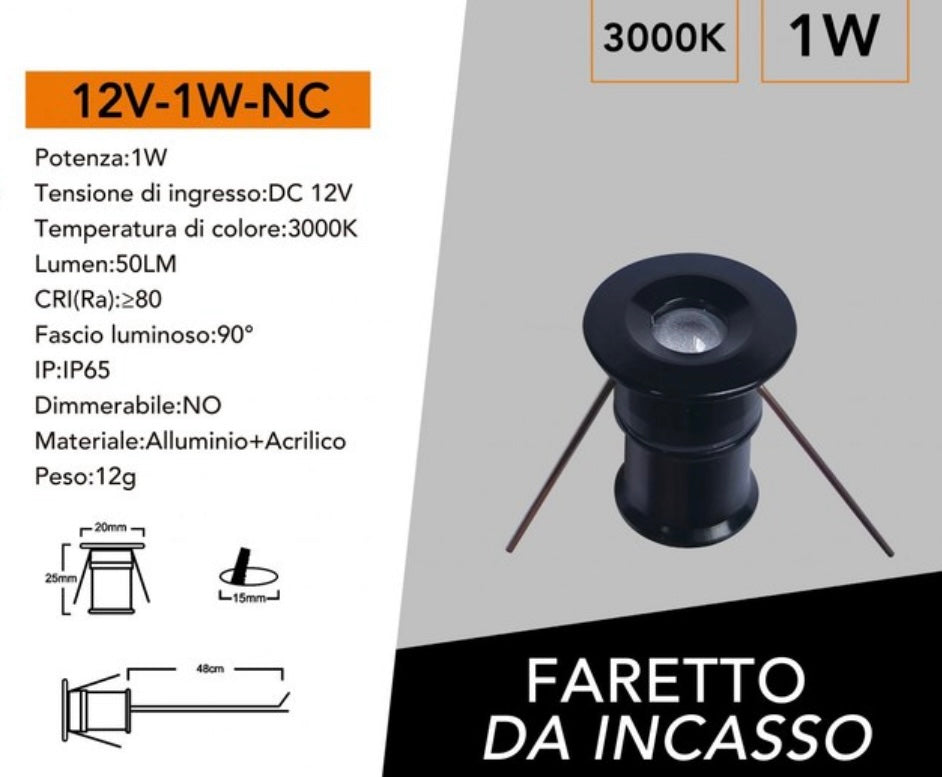 5 Pezzi,Mini Faretto LED da Incasso IP65 DC12V 1W, Luce 3000K / 4000K /6500K / Blu/Rossa/Verde, Foro Ø15 mm, Illuminazione per Scale, Pavimenti, Giardino, Deck e Piscina, 12V-1W