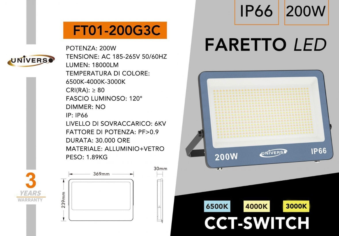 Faro LED Esterno CCT IP66 – 10W/20W/30W/50W/100W/200W – Selettore 3000K-4000K-6500K – Faretto LED da Esterno in Alluminio, Bianco o Grigio FT01