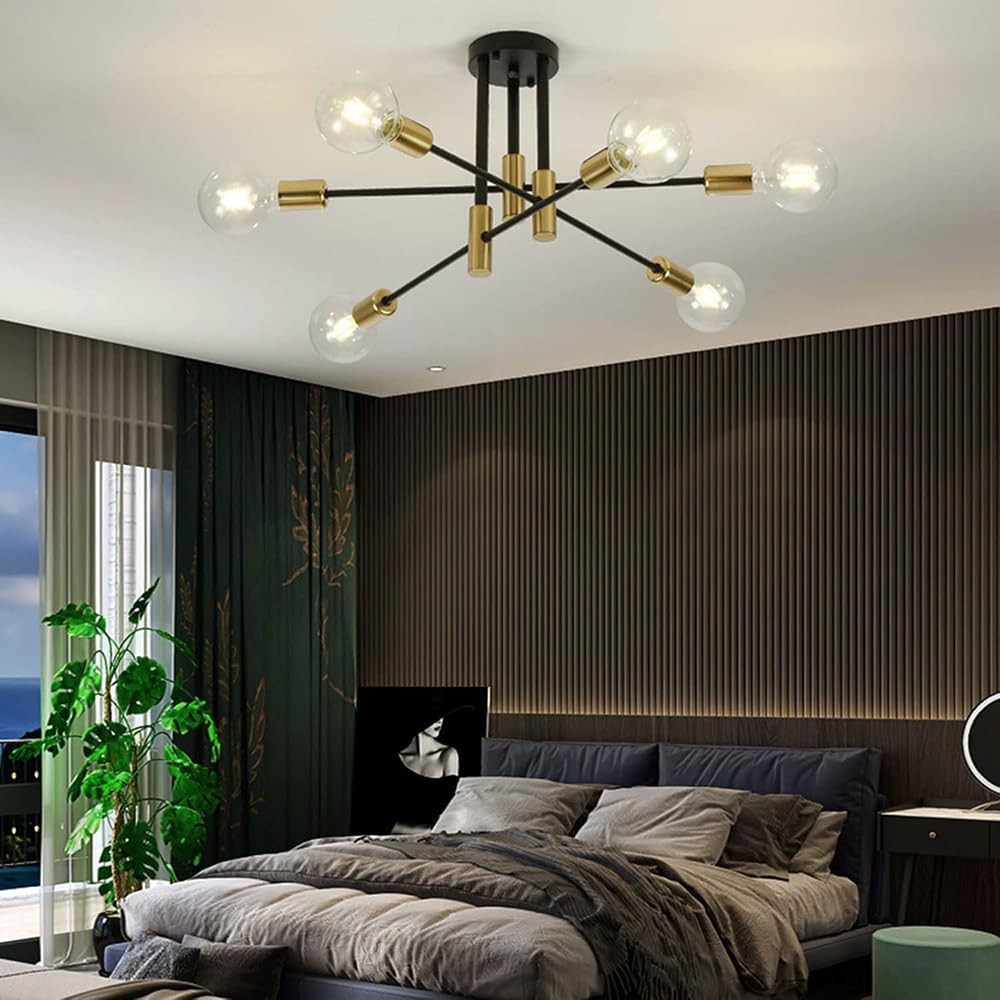 Plafoniera Moderna a Soffitto E27, Lampadario 6 Luci in Metallo Nero e Ottone, Stile Industriale per Soggiorno Cucina Camera da Letto – Attacco E27 (Lampadina Non Inclusa) PN-14