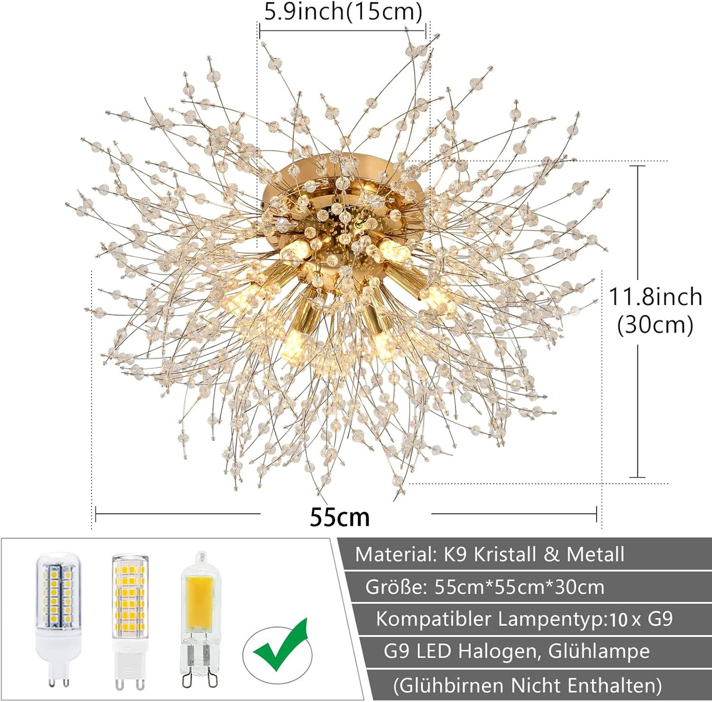 TEKHOME Lampadario Camera Da Letto Moderni, Oro/Argento, Plafoniera soffitto con cristalli di fuochi d'artificio, 10X G9, Lampade a sospensione pre Soggiorno, Cameretta PN-13