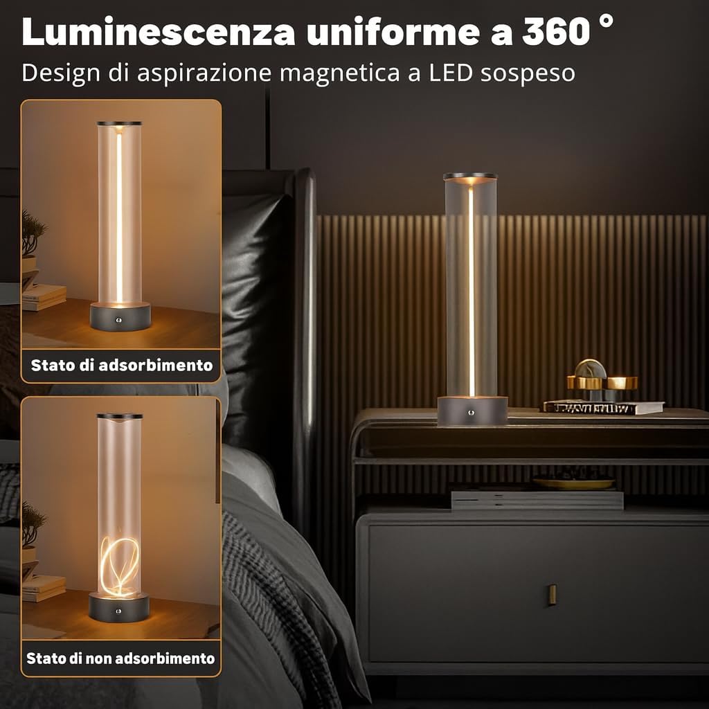 Lampada da Tavolo LED Ricaricabile 3W – Lume Senza Fili 2200K Luce Calda, Touch Control, USB, Design Moderno in Alluminio e Acrilico – Uso Interno D39