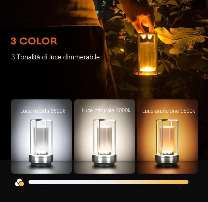 Lampada LED da Tavolo Ricaricabile 3W – Luce Portatile Touch con 3 Temperature di Colore, Batteria 2000mAh, Design Moderno in Alluminio e Acrilico – Uso Interno D37