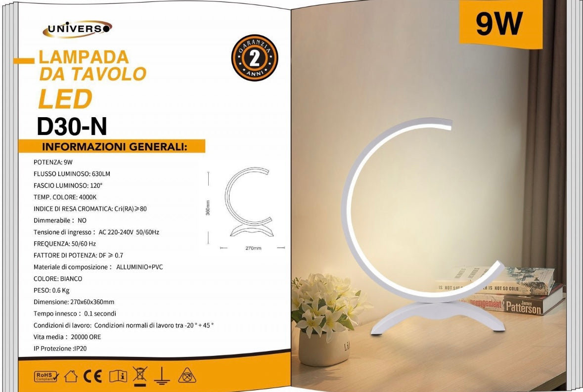 Lampada da Tavolo LED – Design Moderno a Mezzaluna, 9W 630LM, Luce Bianca 3000K/4000K/6500K, Lampada da Comodino e Scrivania, IP20  D30