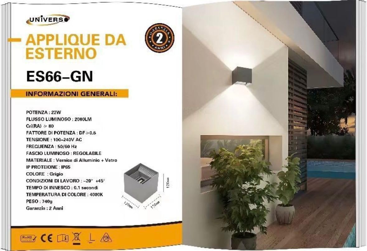 Applique da Esterno LED 22W IP65 – Lampada da Parete Moderna Up&Down Regolabile, Alluminio, 2000 Lumen, Bianco/Nero/Grigio, Luce 3000K/4000K/6500K ES66