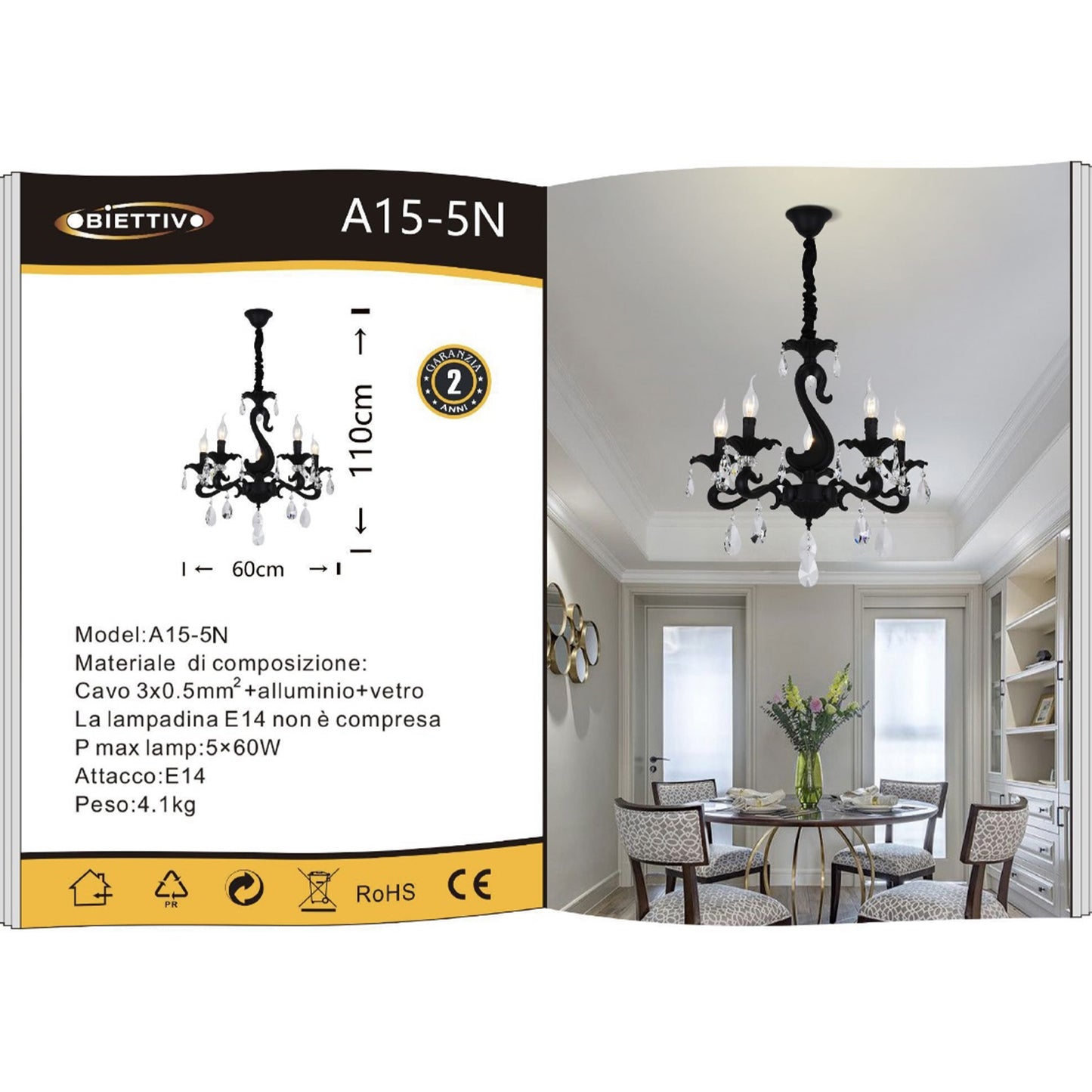 Lampadario a Sospensione Classico in Vetro e Metallo, 5 Luci E14, Stile Elegante per Soggiorno e Camera da Letto, Colori Bianco o Nero – A15-5