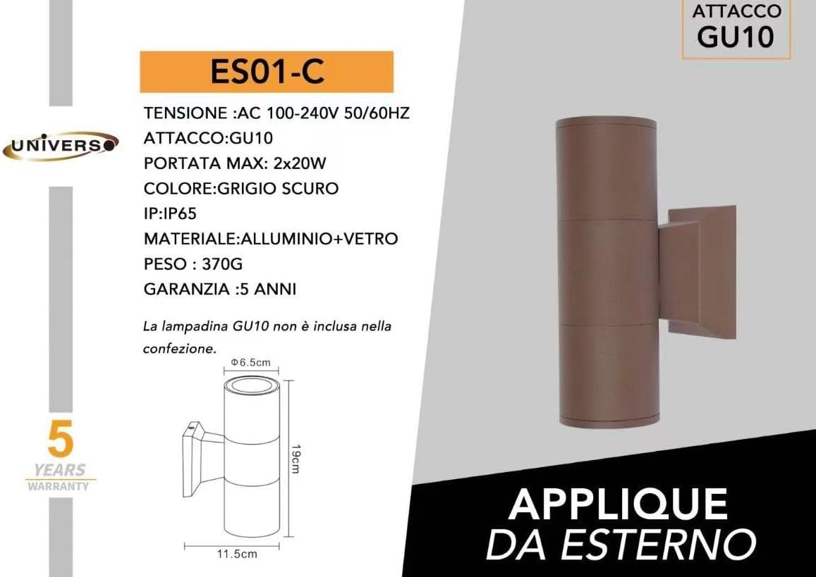 Applique da Esterno 2xGU10 IP55 – Lampada da Parete LED per Esterni a Doppia Luce su e Giù, Design Moderno in Alluminio, Impermeabile, per Facciata, Giardino o Ingresso ES01