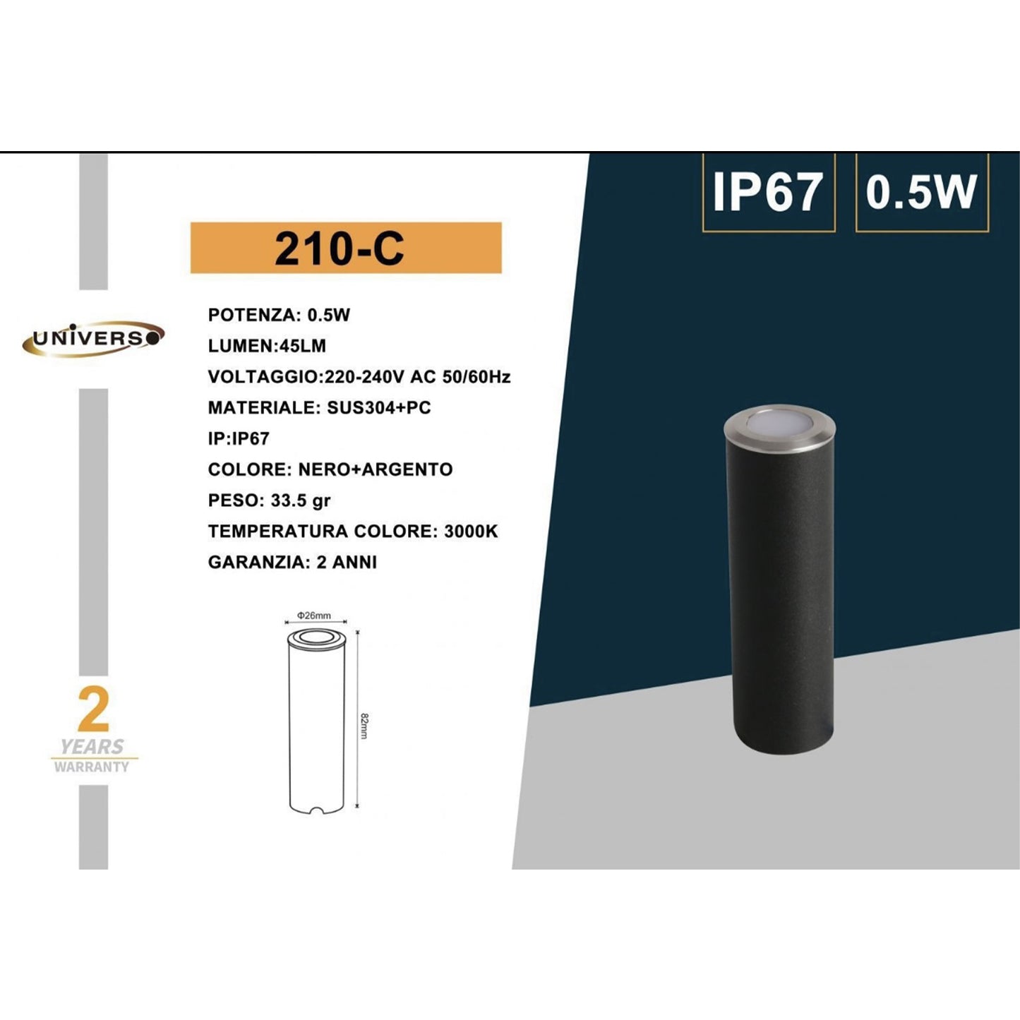Faretti da Incasso da Esterno IP67 LED 0.5W, Luci Segnapasso per Giardino/Scala/Sentiero, Corpo in Acciaio Inox, Ø26mm – 3000K/4000K -210