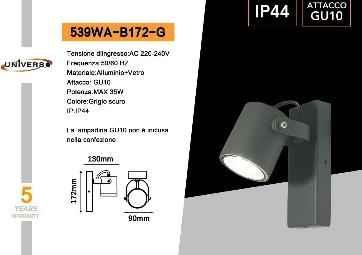 Applique da Esterno GU10 IP44, Faretto da Parete Orientabile in Alluminio e Vetro, Attacco GU10 (Lampadina no), Impermeabile per Giardino, Balcone e Facciata - Bianco/Grigio Scuro B172
