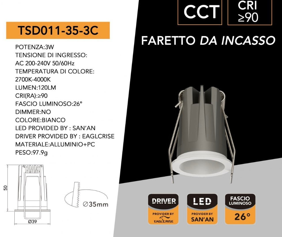 Mini Faretto LED da Incasso COB 3W CCT, Selezione Luce 2700K/4000K/6000K, CRI≥90, Fascio 26°, Foro Ø35 mm, Mini Downlight per Controsoffitti, Mobili e Vetrine, Driver EAGLERISE,TSD011-35-3C