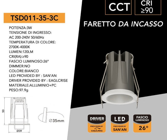 Mini Faretto LED da Incasso COB 3W CCT, Selezione Luce 2700K/4000K/6000K, CRI≥90, Fascio 26°, Foro Ø35 mm, Mini Downlight per Controsoffitti, Mobili e Vetrine, Driver EAGLERISE,TSD011-35-3C