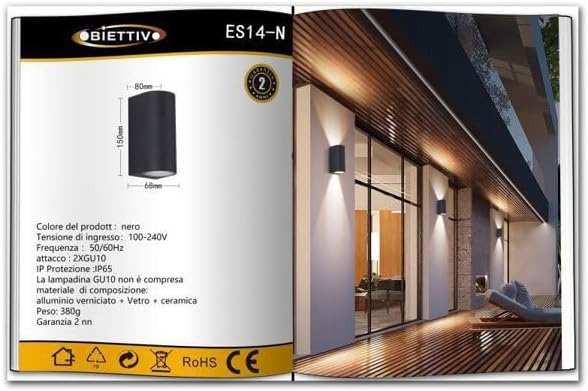 Applique da Esterno 2xGU10 IP65 – Lampada da Parete LED a Doppia Luce su e Giù, Impermeabile, in Alluminio Verniciato, Design Moderno per Facciata, Balcone o Giardino ES14