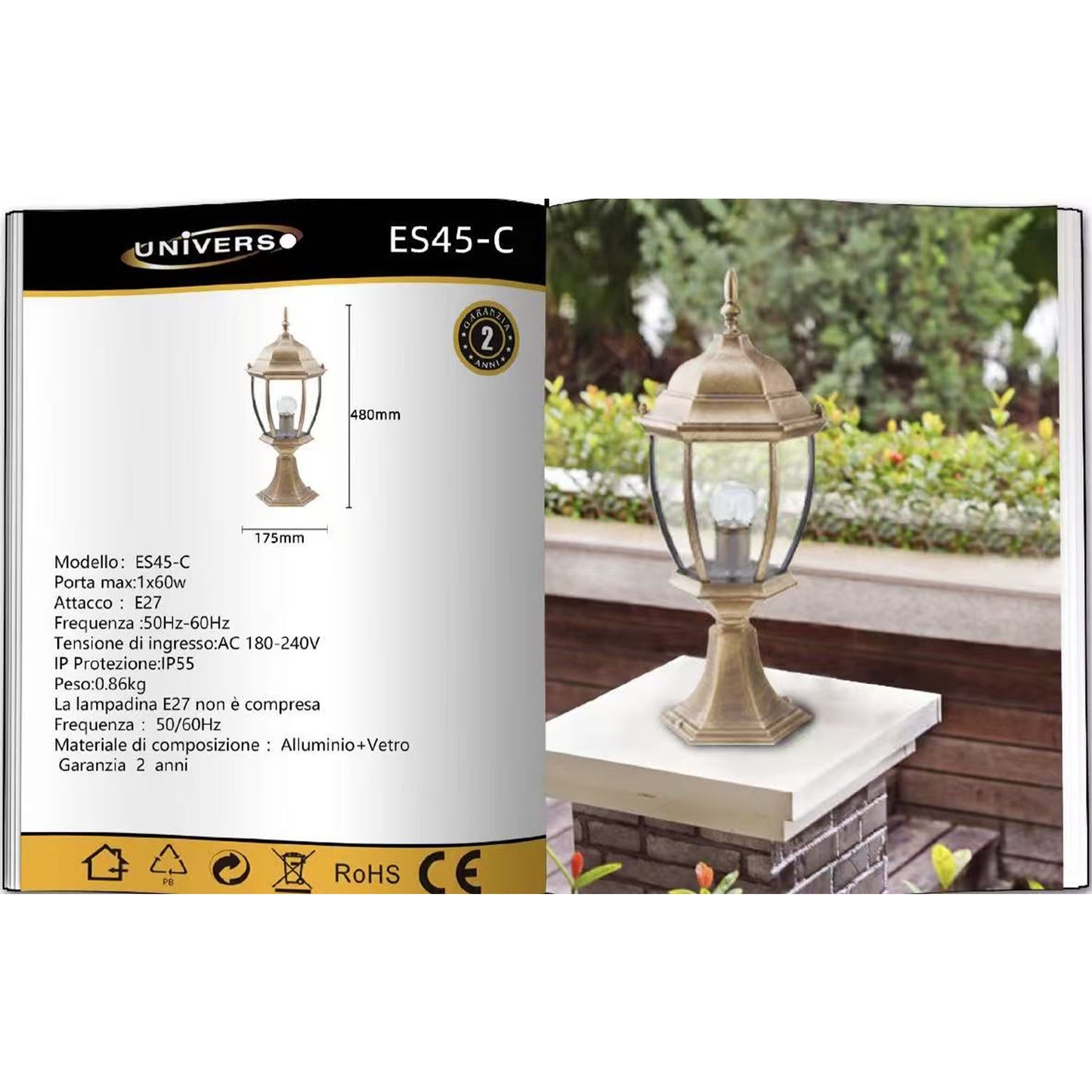 Lampada da Palo per Esterni E27 – Lanterna da Colonna Esagonale IP55 in Alluminio e Vetro – 8 Pollici – per Muro, Cancello, Pilastro, Giardino ES45